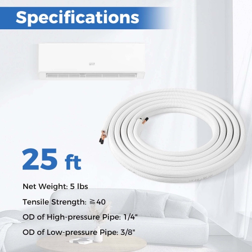 Costway 25 FT Air Conditioning Copper Tubing Hose Extension for Mini Split AC Includes 1/4 inch & 3/8 inch O.D. pipes
