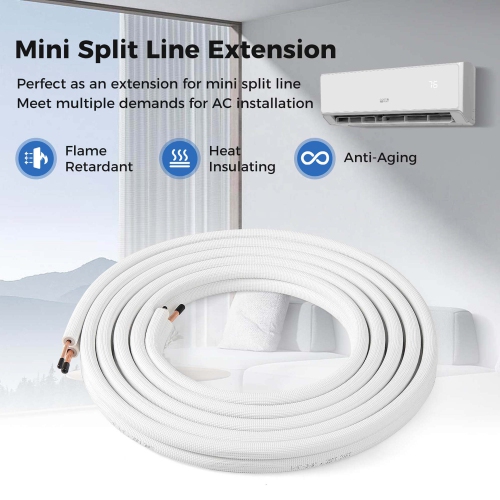 Costway 25 FT Air Conditioning Copper Tubing Hose Extension for Mini Split AC Includes 1/4 inch & 3/8 inch O.D. pipes