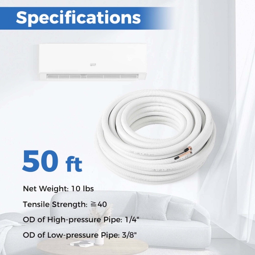 Costway 50 FT Air Conditioning Copper Tubing Hose Extension for Mini Split AC Includes 1/4 inch & 3/8 inch O.D. pipes