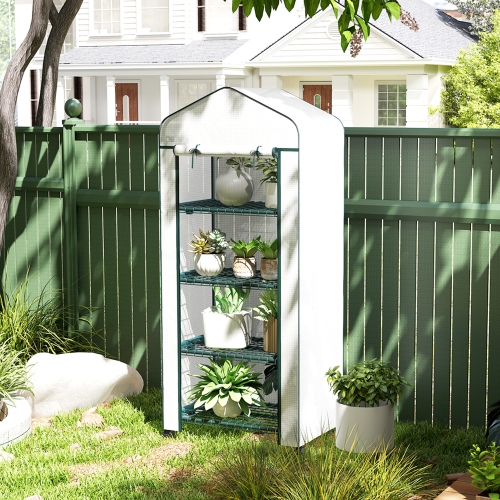 Serre portative Outsunny, 27 x 20 x 65&nbsp;po, tablettes et roulettes à 4 niveaux, serre à fleurs extérieur de maison chaude, cadre en acier,