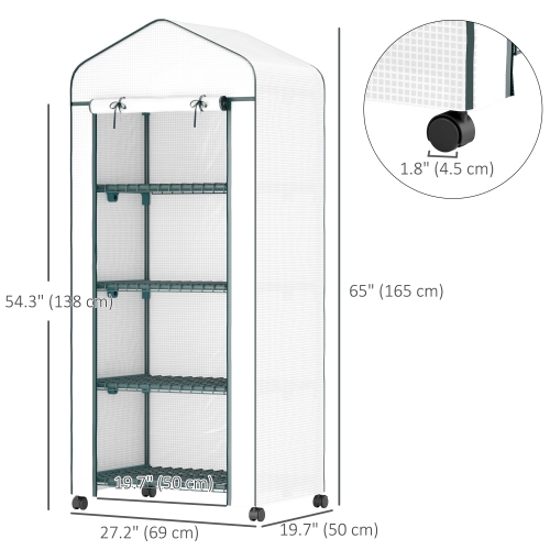 Serre portative Outsunny, 27 x 20 x 65&nbsp;po, tablettes et roulettes à 4 niveaux, serre à fleurs extérieur de maison chaude, cadre en acier,