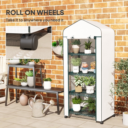 Serre portative Outsunny, 27 x 20 x 65&nbsp;po, tablettes et roulettes à 4 niveaux, serre à fleurs extérieur de maison chaude, cadre en acier,