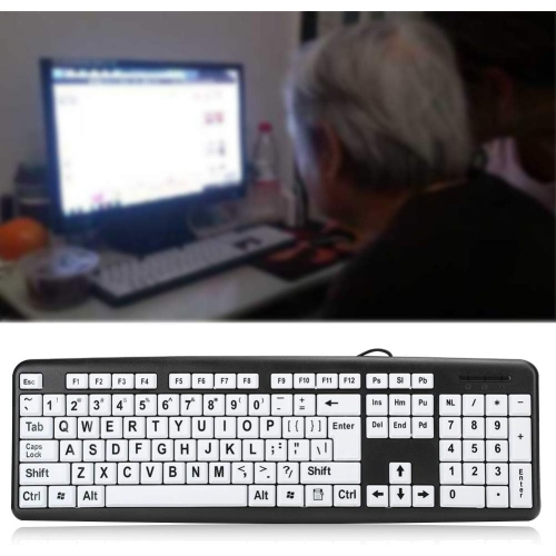 Large Print Keyboard, USB Wired Old People Low Vision Keyboard with White Large Print Keys for Seniors