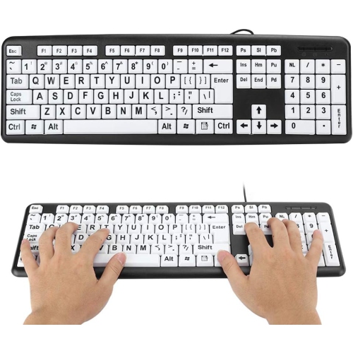 Large Print Keyboard, USB Wired Old People Low Vision Keyboard with White Large Print Keys for Seniors