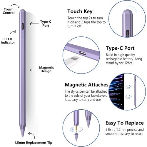Stylus Pen for iPad With Palm Rejection, Tilt Sensitive - Compatible With iPad 10th/9th/8th/7th/6th, Pro 11/12.9in, Air 5th/4th/3rd, Mini 6/5