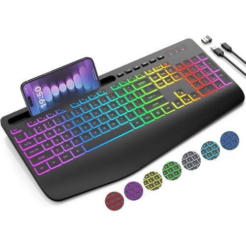 Wireless Keyboard with 9 Backlit Effects, Wrist Rest, Phone Holder, 2.4G Lag-Free Ergonomic Keyboards, Rechargeable Silent Cordless, for Computer,