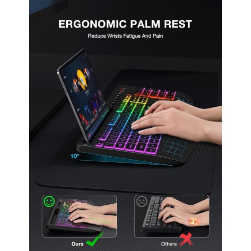 Wireless Keyboard with 9 Backlit Effects, Wrist Rest, Phone Holder, 2.4G Lag-Free Ergonomic Keyboards, Rechargeable Silent Cordless, for Computer,