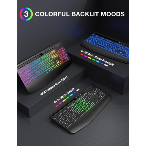 Wireless Keyboard with 9 Backlit Effects, Wrist Rest, Phone Holder, 2.4G Lag-Free Ergonomic Keyboards, Rechargeable Silent Cordless, for Computer,