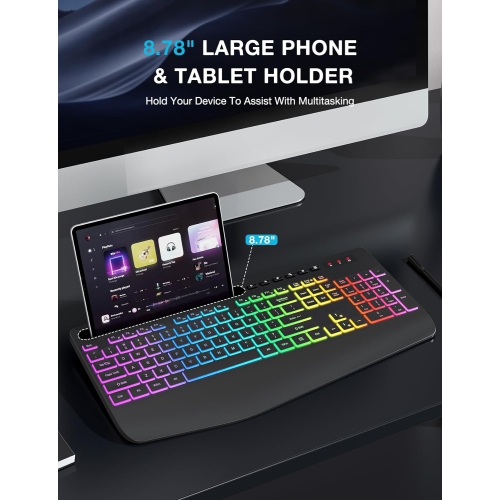Wireless Keyboard with 9 Backlit Effects, Wrist Rest, Phone Holder, 2.4G Lag-Free Ergonomic Keyboards, Rechargeable Silent Cordless, for Computer,