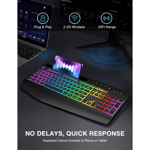 Wireless Keyboard with 9 Backlit Effects, Wrist Rest, Phone Holder, 2.4G Lag-Free Ergonomic Keyboards, Rechargeable Silent Cordless, for Computer,
