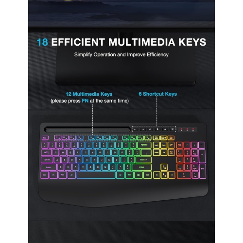 Wireless Keyboard with 9 Backlit Effects, Wrist Rest, Phone Holder, 2.4G Lag-Free Ergonomic Keyboards, Rechargeable Silent Cordless, for Computer,