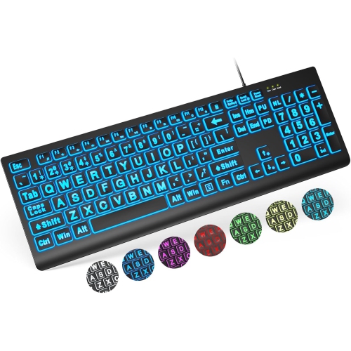 OECECA  Large Print Backlit Keyboard, Full Size Keyboard \w 7 Color Backlit, Oversize Letters Key Keyboard Easy to See And Type, Plug And Play, Quiet