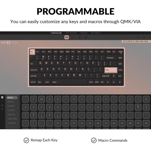 K3 Max Ultra-Slim Wireless Mechanical Keyboard, QMK/VIA Programmable Bluetooth 5.1/2.4 GHz/Wired with White Backlight Low Profile Gateron Mechanical