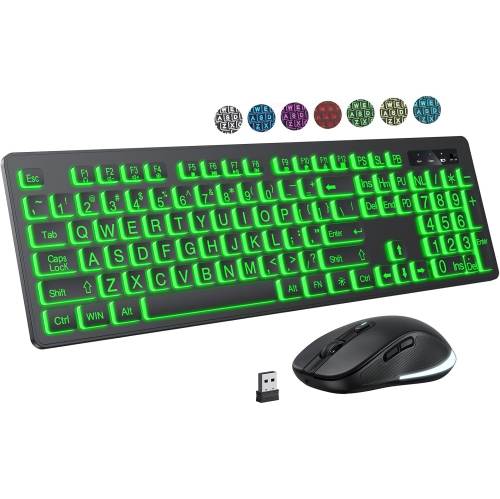 OECECA  Large Print Wireless Keyboard And Mouse - 7 Colors Backlit Keyboard, Oversize Letters Keys Easy to See And Type, Rechargeable Keyboard And