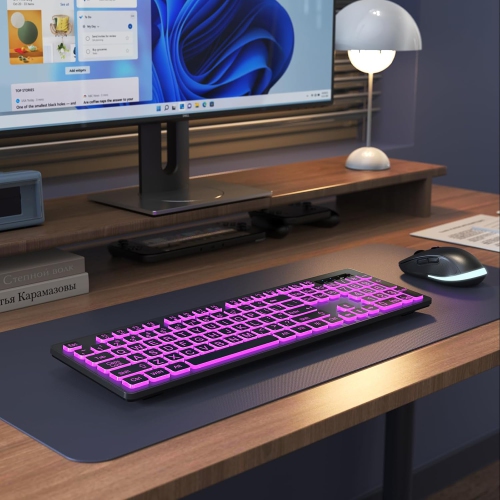 Large Print Wireless Keyboard and Mouse - 7 Colors Backlit Keyboard, Oversize Letters Keys Easy to See and Type, Rechargeable Keyboard and Mouse with