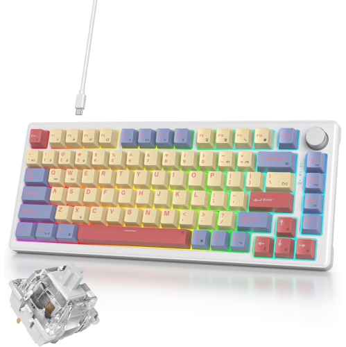 75% Cotton Candy Mechanical Gaming Keyboard, Hot Swap RGB Custom Keyboard with Knob, Gasket Mount Wired TKL Keyboard, Pre-lubed White Switch Creamy