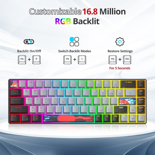 60% Wired Gaming Keyboard, 68 Keys Portable Mechanical Keyboard, Compact Mini Keyboard with RGB Backlit Red Switch PBT Keycaps for Win Laptop