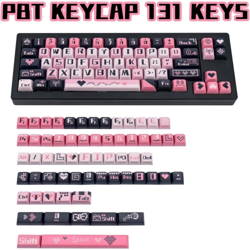 PBT Cute Keycaps 131 Keys, Black and Pink Keycaps Dye Sublimation Sweetheart Keycaps XDA Profile Custom Keyboard Keycaps for Cherry Gateron MX