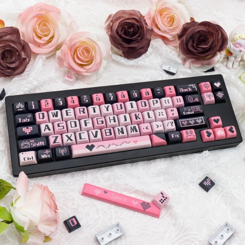 PBT Cute Keycaps 131 Keys, Black and Pink Keycaps Dye Sublimation Sweetheart Keycaps XDA Profile Custom Keyboard Keycaps for Cherry Gateron MX