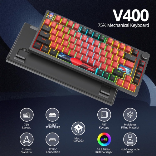 75% TKL Wired Mechanical Keyboard,RGB Backlit Gasket Mount 82 Key Hot Swappable Custom Linear Red Switch Gaming Keyboard with Volume Knob & PBT