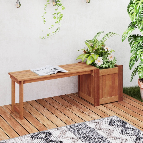 Costway 1 PCS Hardwood Flower Box with Bench Spacious Seat Open-ended Bottom Perfect for Herbs
