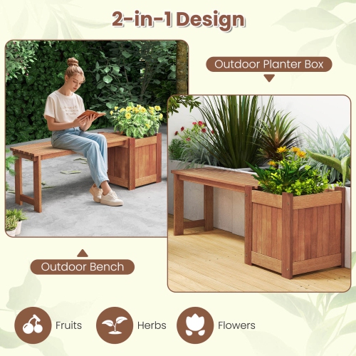 Costway 2 PCS Hardwood Flower Box with Bench Spacious Seat Open-ended Bottom Perfect