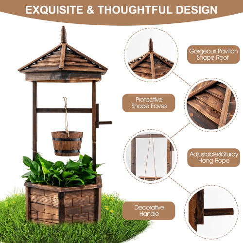 Costway Wooden Wishing Well Hexagonal Bucket Flower Plants Planter Patio Garden Decor