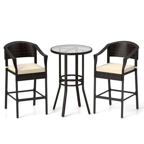 Costway 3 PCS Patio Rattan Bar Set Wicker Armchairs & Round Table with Tempered Glass Top