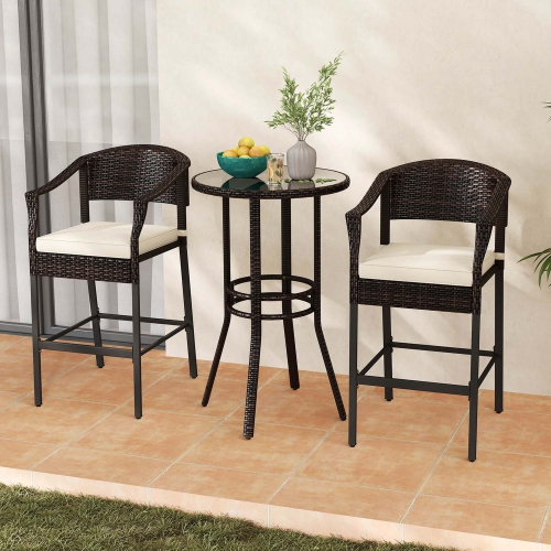Costway 3 PCS Patio Rattan Bar Set Wicker Armchairs & Round Table with Tempered Glass Top