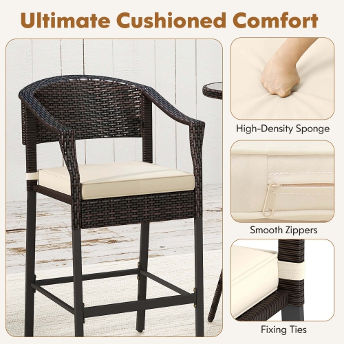 Costway 3 PCS Patio Rattan Bar Set Wicker Armchairs & Round Table with Tempered Glass Top