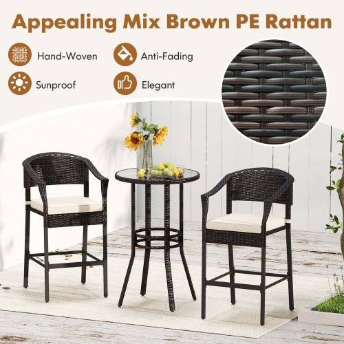 Costway 3 PCS Patio Rattan Bar Set Wicker Armchairs & Round Table with Tempered Glass Top
