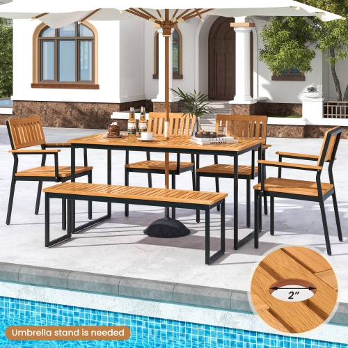 Costway 6 PCS Outdoor Acacia Wood Dining Set with Bench 2" Umbrella Hole for 6-7 People