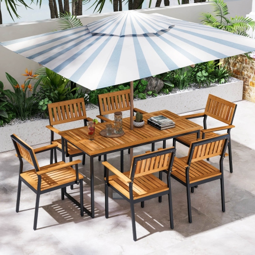 Costway 7 PCS Outdoor Dining Set for 6 with Metal Frame Umbrella Hole for Garden Porch