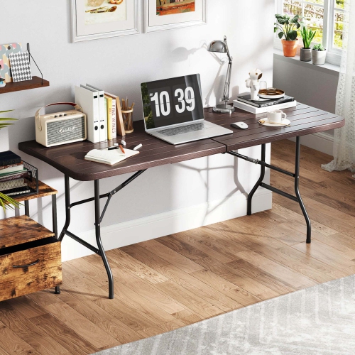 Costway 6 ft Portable Folding Table with Wood Grain HDPE Tabletop Safe Lock Mechanism