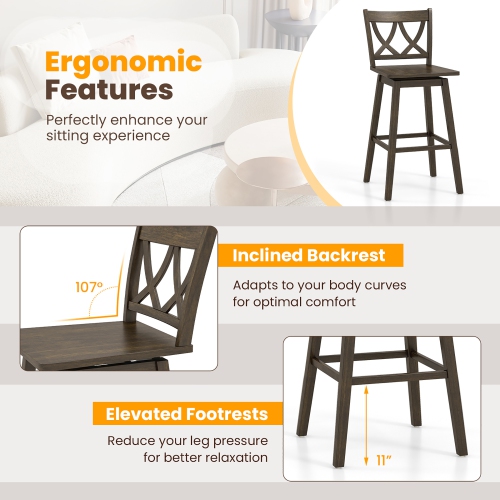 Gymax 29'' Bar Stool Set of 2 w/Rubber Wood Frame Swivel Seat Ergonomic Backrest
