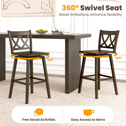 Gymax 29'' Bar Stool Set of 2 w/Rubber Wood Frame Swivel Seat Ergonomic Backrest