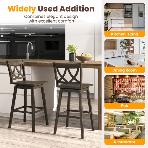 Gymax 29'' Bar Stool Set of 2 w/Rubber Wood Frame Swivel Seat Ergonomic Backrest