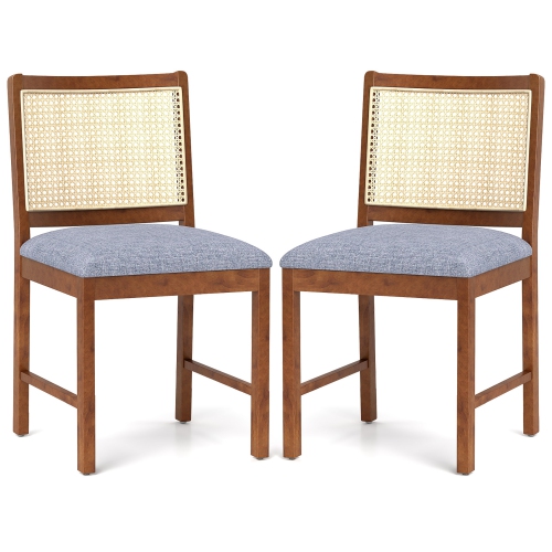 GYMAX  Rattan Dining Chair Set Of 2 W/ Rubber Wood Frame Linen Fabric Padded Seat