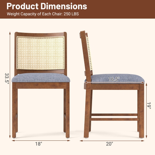Gymax Rattan Dining Chair Set of 2 w/ Rubber Wood Frame Linen Fabric Padded Seat