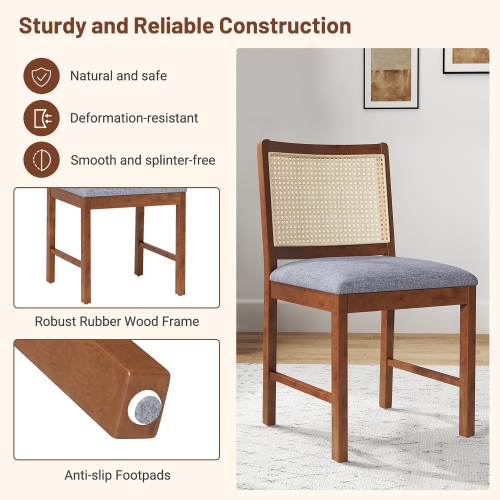 Gymax Rattan Dining Chair Set of 2 w/ Rubber Wood Frame Linen Fabric Padded Seat