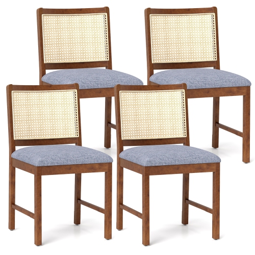 GYMAX  Rattan Dining Chair Set Of 4 W/ Rubber Wood Frame Linen Fabric Padded Seat