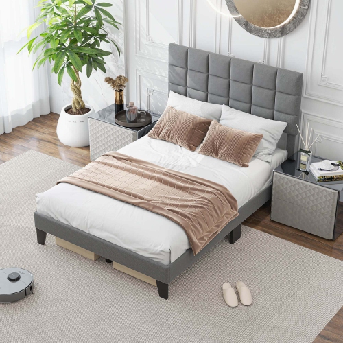 Cadre de lit double de Costway – Lit plateforme moderne recouvert de lin et tête de lit