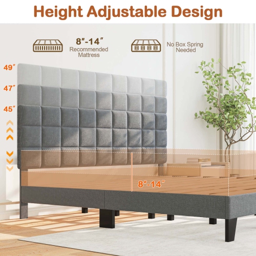 Cadre de très grand lit de Costway – Lit plateforme moderne recouvert de lin et tête de lit