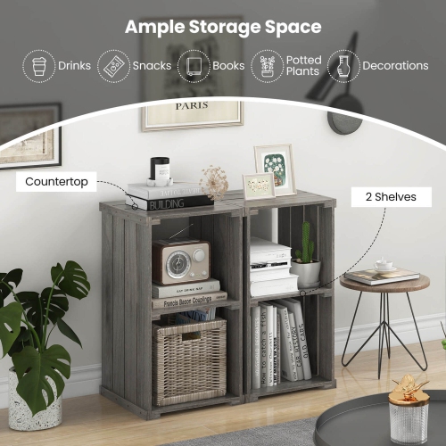 Costway 1 PCS 2-Cube Storage Shelf Slatted Paulownia Wood Cubic Organizer with Open Back Gray