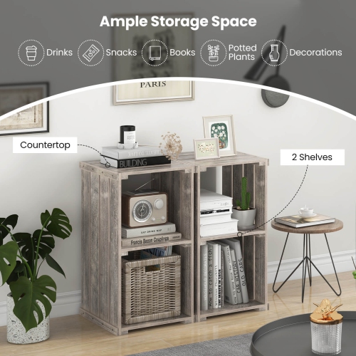 Costway 2 PCS 2-Cube Storage Shelf Slatted Paulownia Wood Cubic Organizer with Open Back Brown