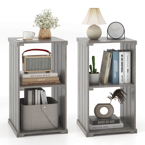 COSTWAY  2 PCs 2-Cube Storage Shelf Slatted Paulownia Wood Cubic Organizer With Open Back In Gray
