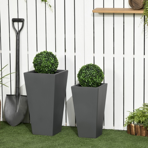 Outsunny Set of 2 Tall Planters with Drainage Holes, 22" / 18" Outdoor Flower Pots for Patio, Yard, Garden, Grey