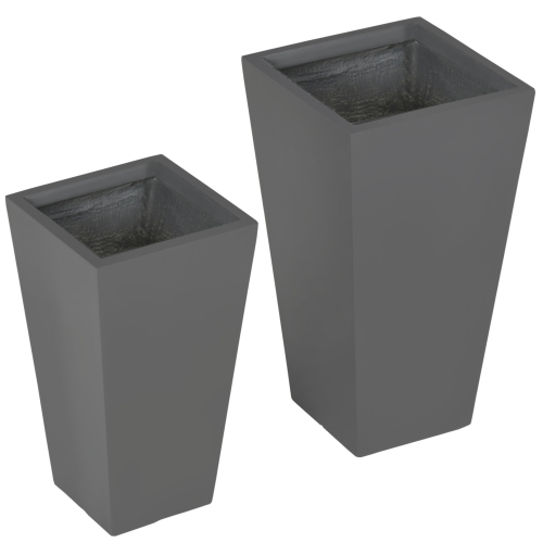 Outsunny Set of 2 Tall Planters with Drainage Holes, 22" / 18" Outdoor Flower Pots for Patio, Yard, Garden, Grey
