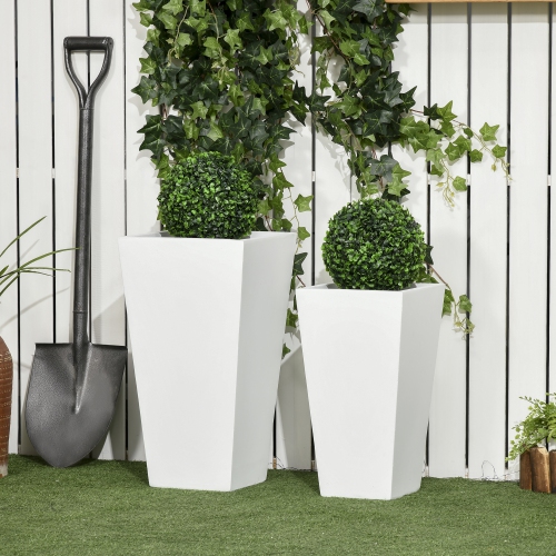 Outsunny Set of 2 Tall Planters with Drainage Holes, 22" / 18" Outdoor Flower Pots for Patio, Yard, Garden, White