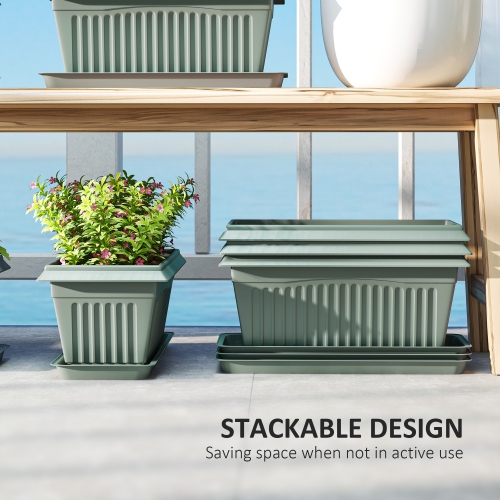 Outsunny 7 Pack 15.7 Inch Plant Pots with Drainage Holes and Trays, Rectangular Plastic Flower Planters for Indoor Outdoor Plants, Herbs, Succulent,